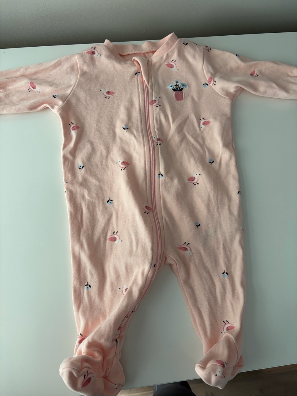 Soft Pink Floral & Bird Footed Baby One-Piece